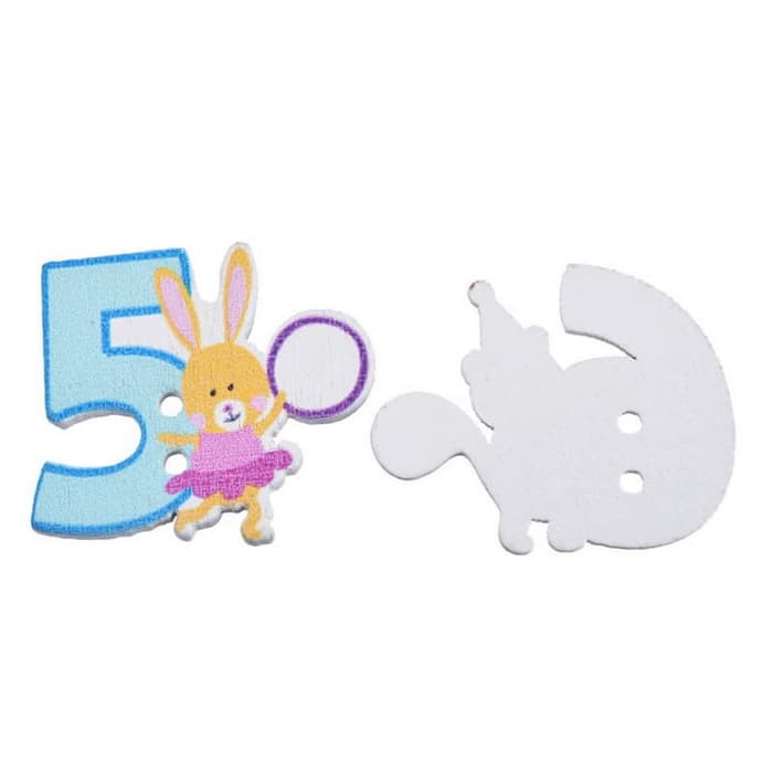 Kancing Kayu Dua Lubang - Cartoon Number Style (5pcs)