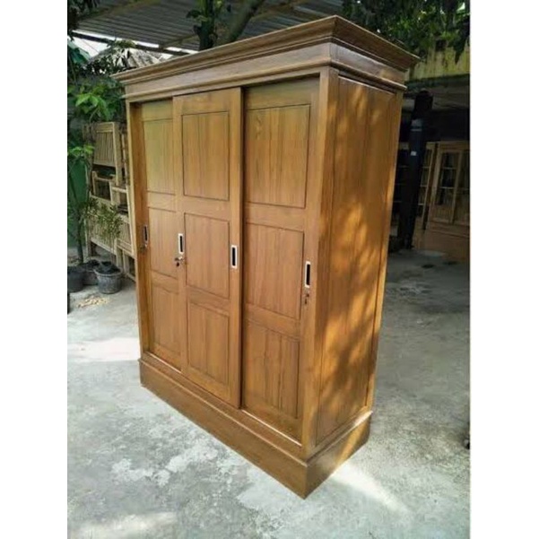 lemari pakaian  minimalis sliding 3 pintu kayu jati murah promo