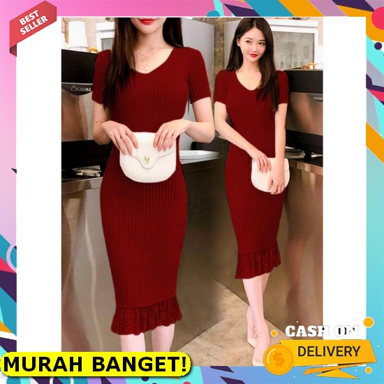 Dress Merah Edisi Natalan Dress Brukat Import Renda Wanita Terbaru Scuba Dress Gereja Gaun Natal Ms 