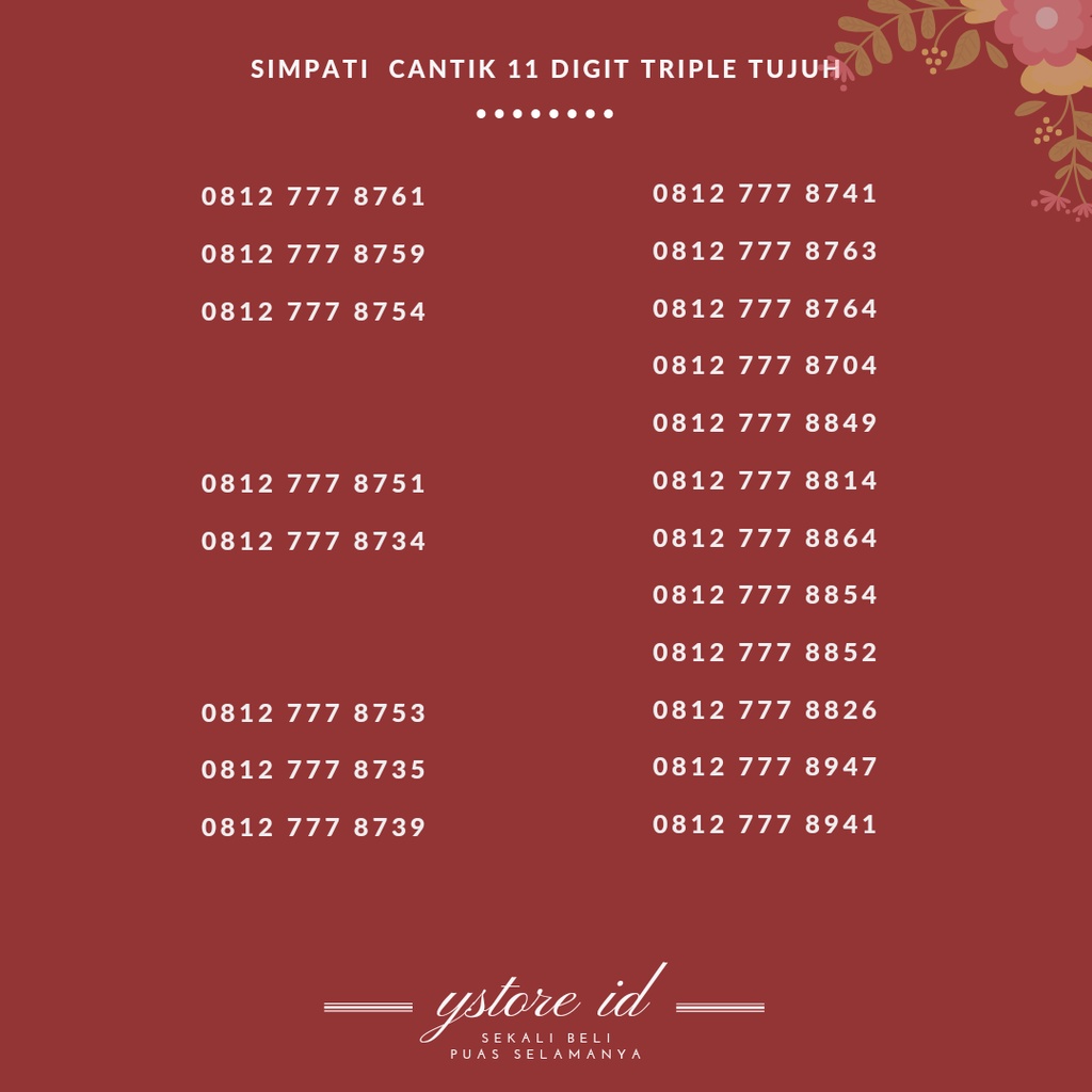 Simpati 11 Digit Triple 777 Nomor Cantik Prabayar 4G Nomer Ekor 777 78 88