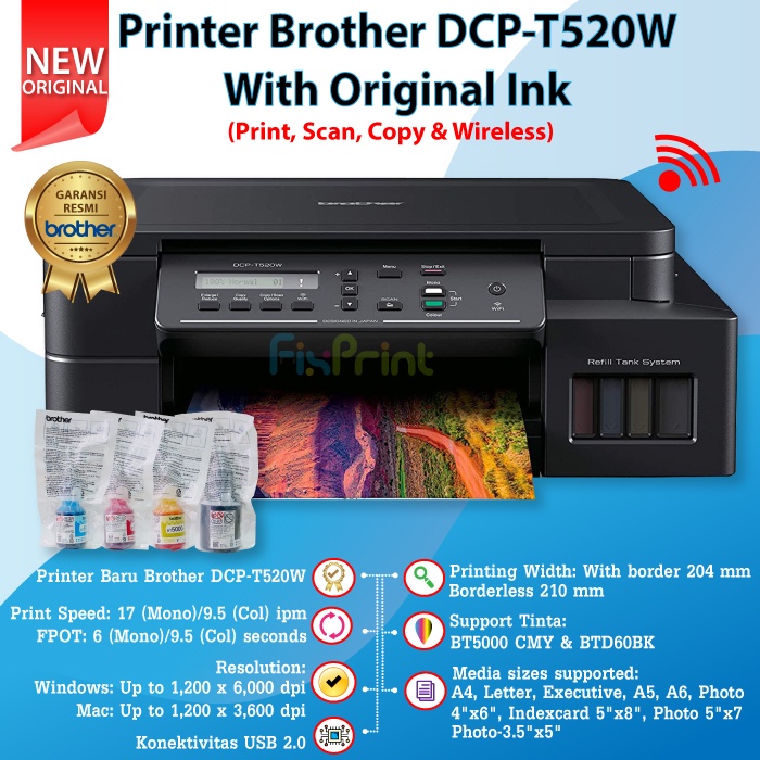 Printer Brother DCP-T520W T520 WiFi Print Scan Copy Tinta D60Bk BT5000