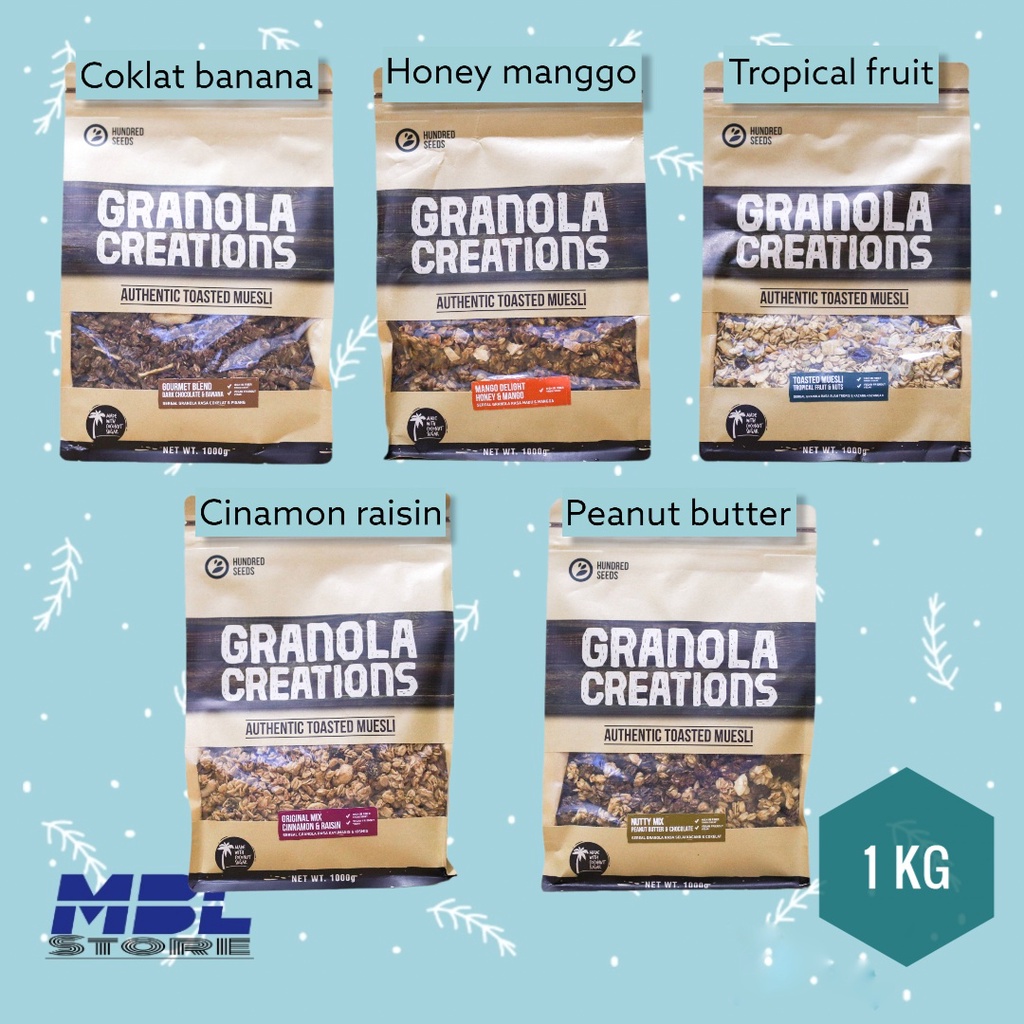 

Hundred Seeds Granola creation 1 kg coklat banana cinammon raisin tropical fruit peanut butter honey manggo