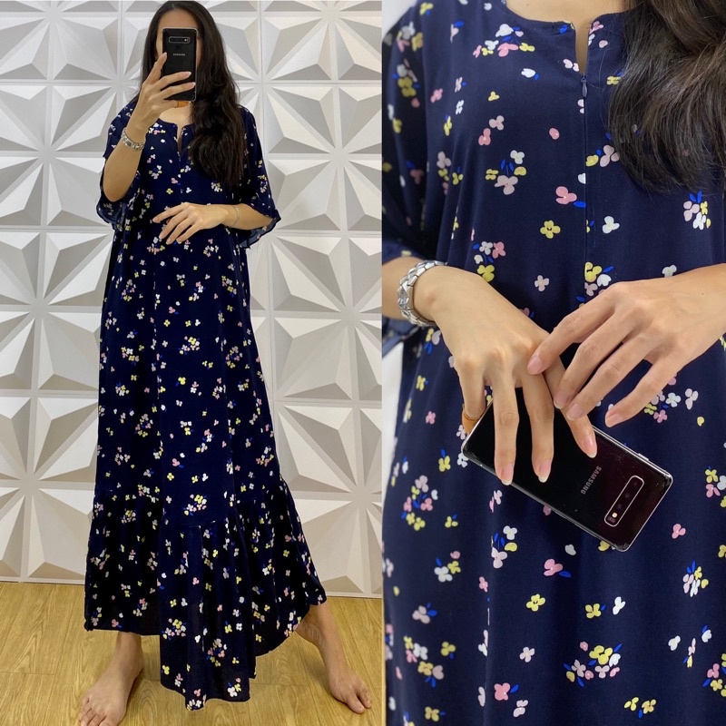 daster MONA tangan 3/4 PB 130cm /daster panjang rempel tangan 3/4  JUMBO premium sleting /busui/rempel tangan 3/4/ tangan pendek/ tali grosir ecer SEMATA KAKI RAYON-Mona flower small