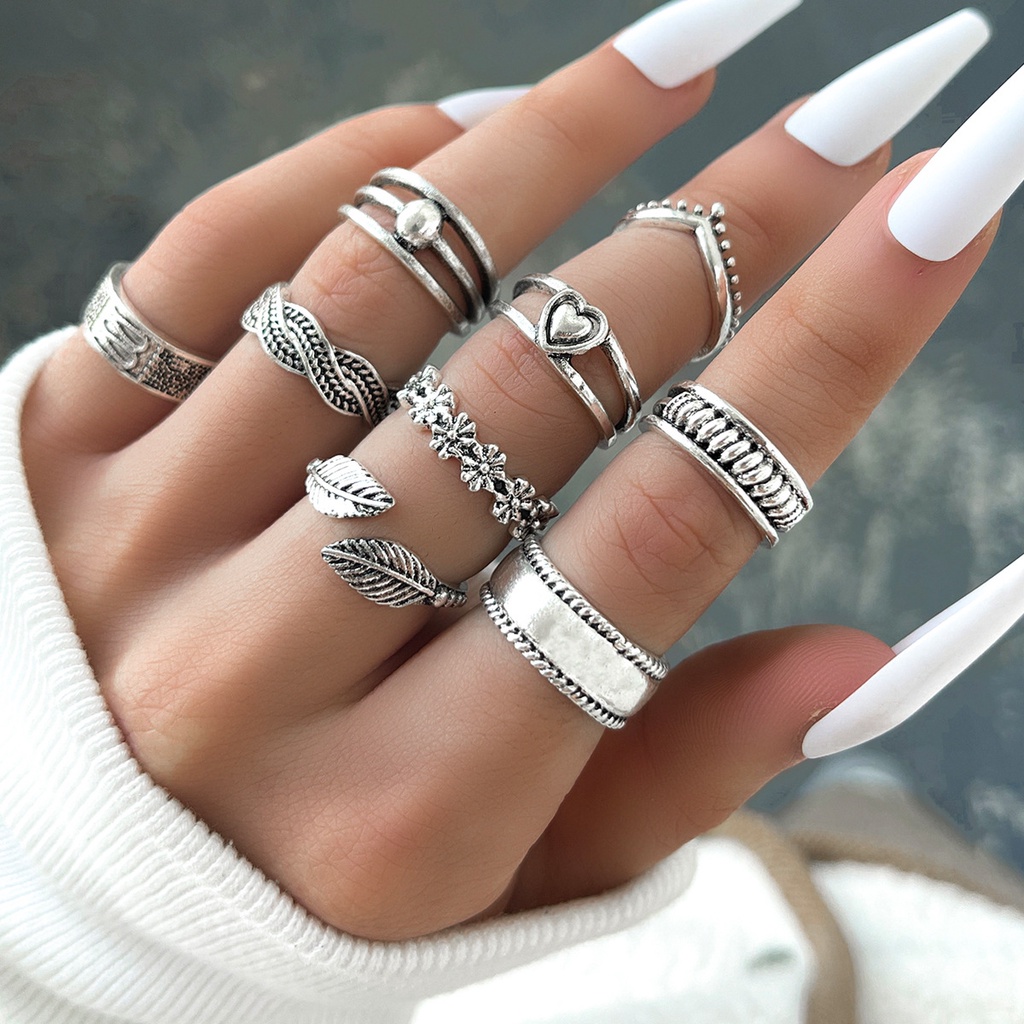 Wanita in vintage daun bunga jantung geometris ring set 9 buah set