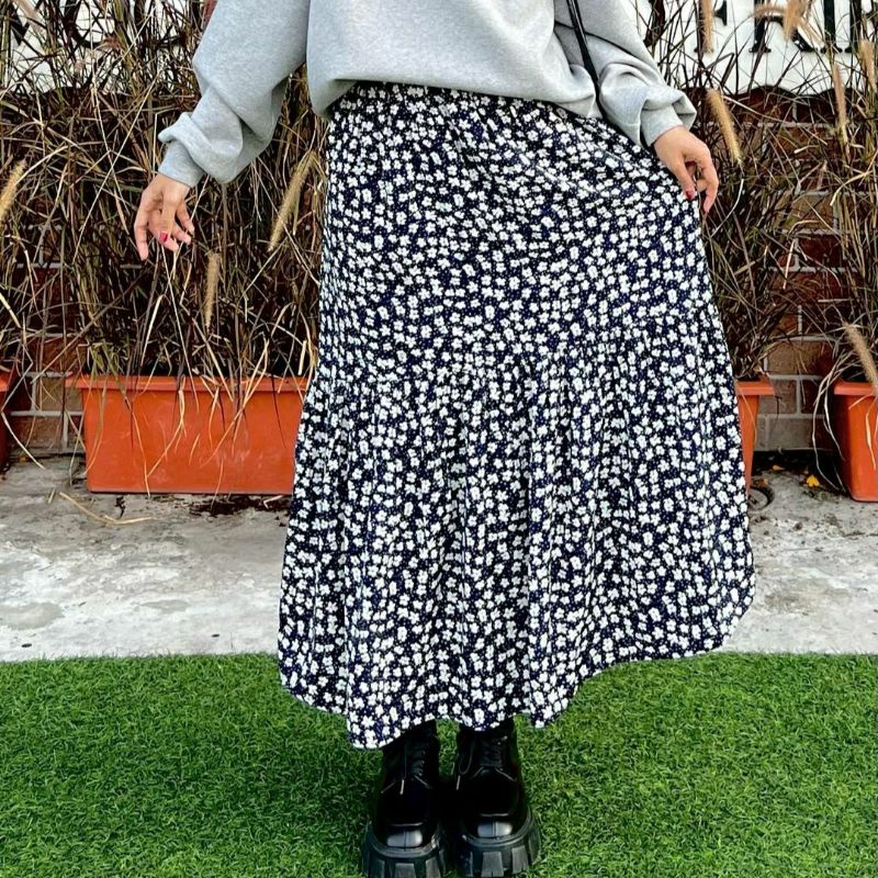 Rok plisket motif bunga/rok midi wanita