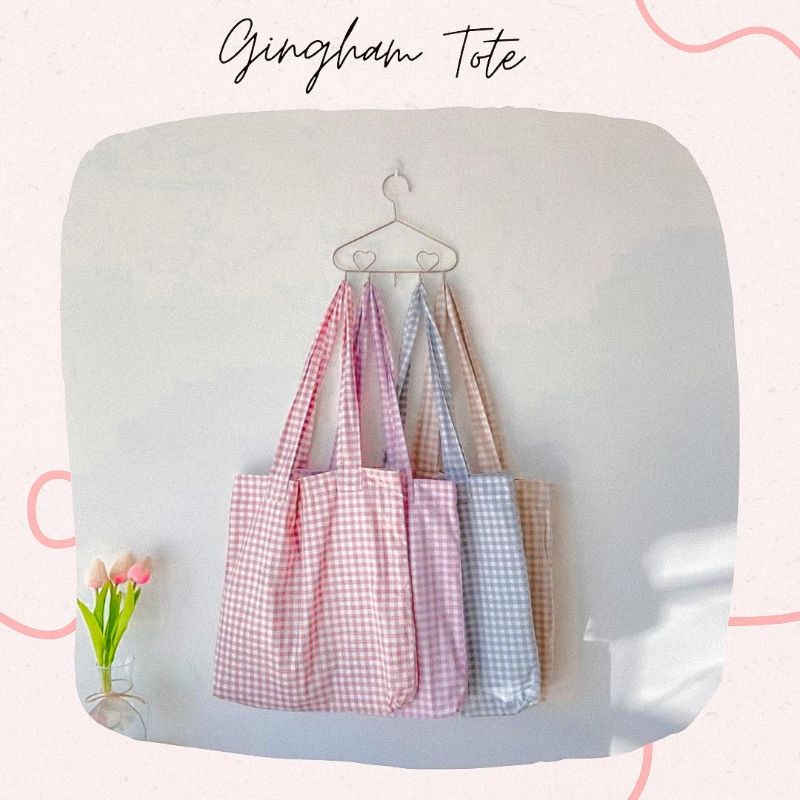 totebag gingham / totebag kotak korea/totebag lucu / totebag canvas / totebag kekinian / kain katun/