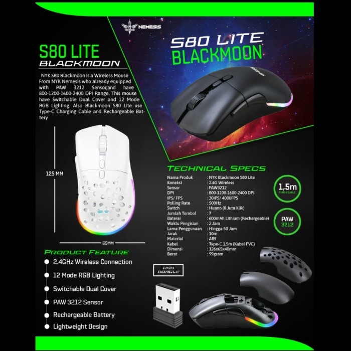 Mouse Wireless Gaming NYK S80 / S 80 Lite Blackmoon with RGB Original