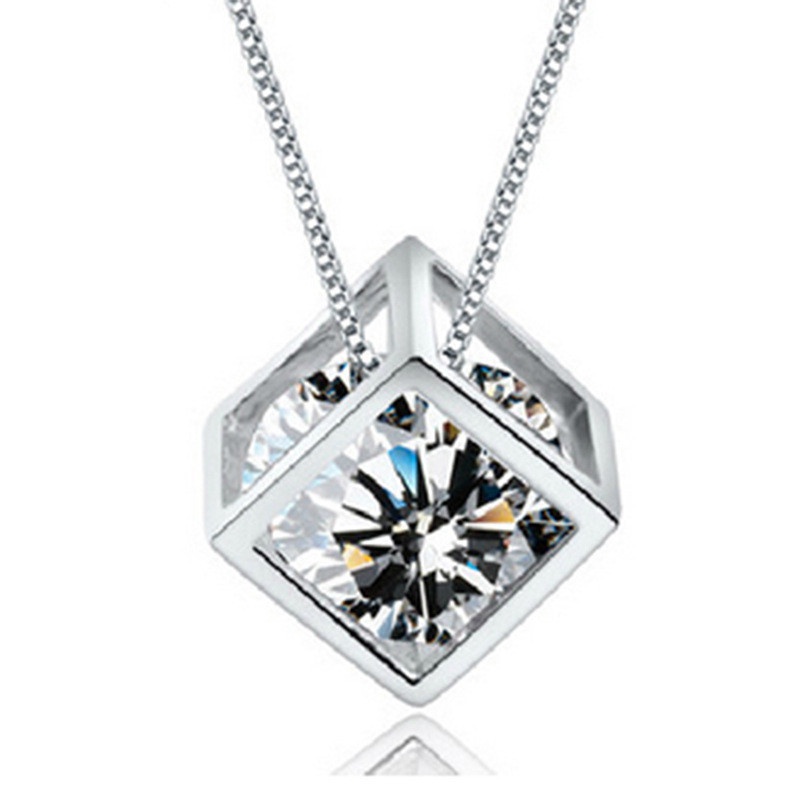 [Ready Stock]Fashion Silver-Plated Square Rubik's Cube Pendant Diamond Necklace