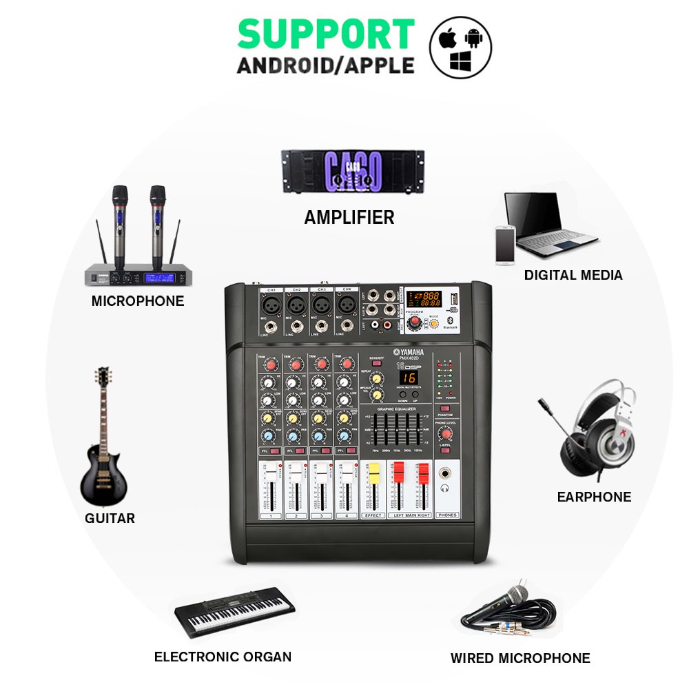 Mixer Audio Profesional PMX402D/PMX402S 4 saluran dengan efek 16DSP bawaan Penguat daya 350 watt 2 saluran Dilengkapi dengan 2 mikrofon nirkabel UHF Penyesuaian EQ equalizer 7-band 2-lapisan Mendukung pemutaran Bluetooth/USB/PC/MP3