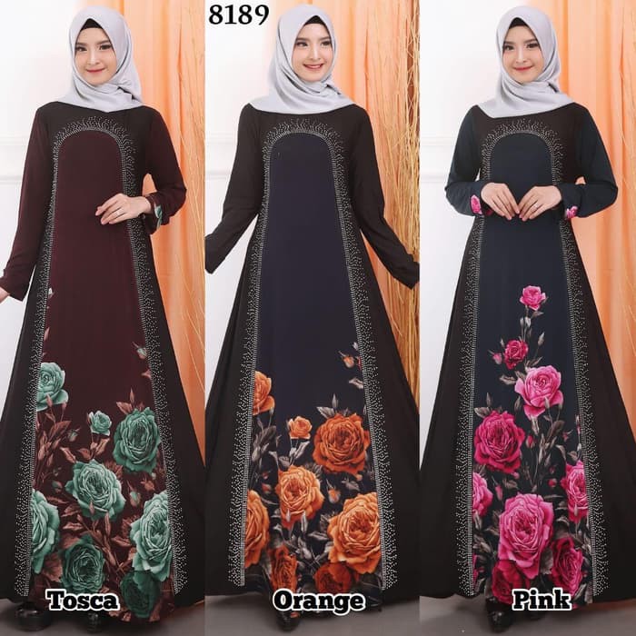 Gamis Jersey Kombinasi Motek Baju Gamis Wanita Terbaru 8189 - Orange