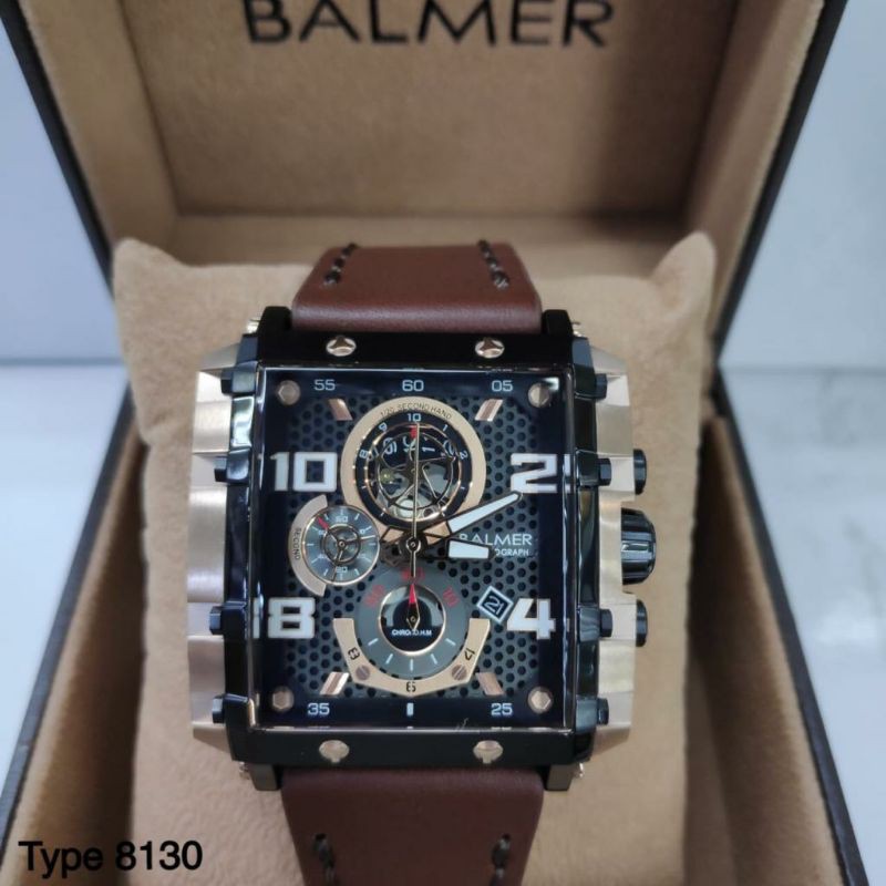 jam tangan pria BALMER 8130 Tali kulit coklat chrono aktif original