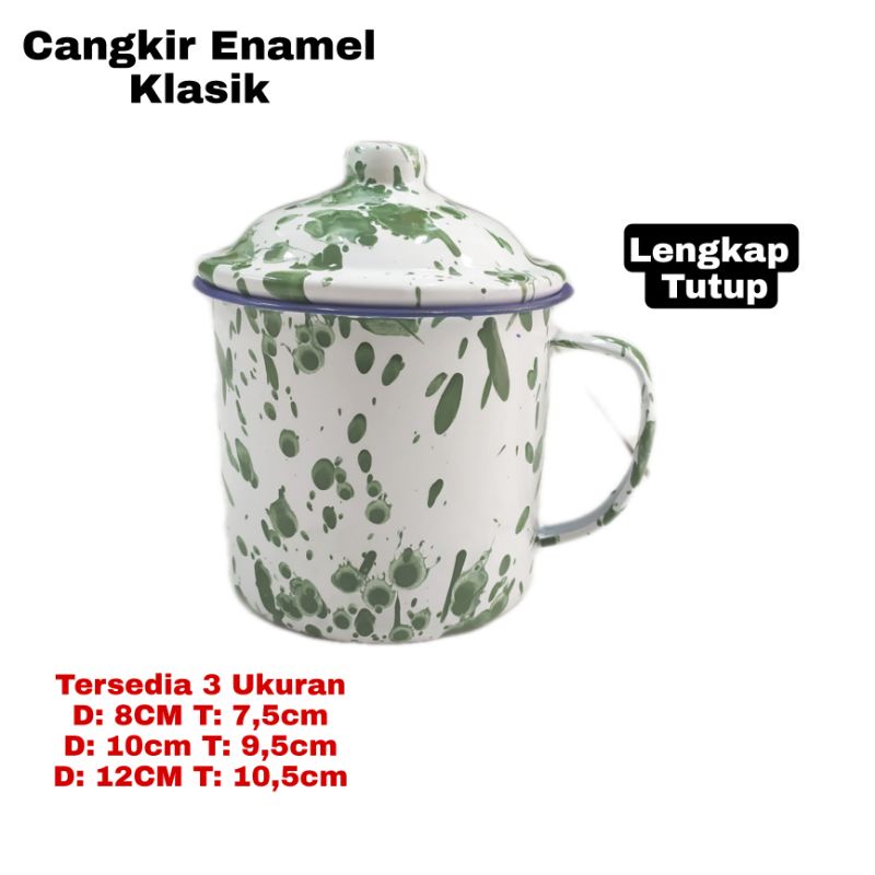 A1 Cangkir kopi Jadul blirik Enamel Corak Hijau Putih / Mug Burik lengkap tutup Calypso