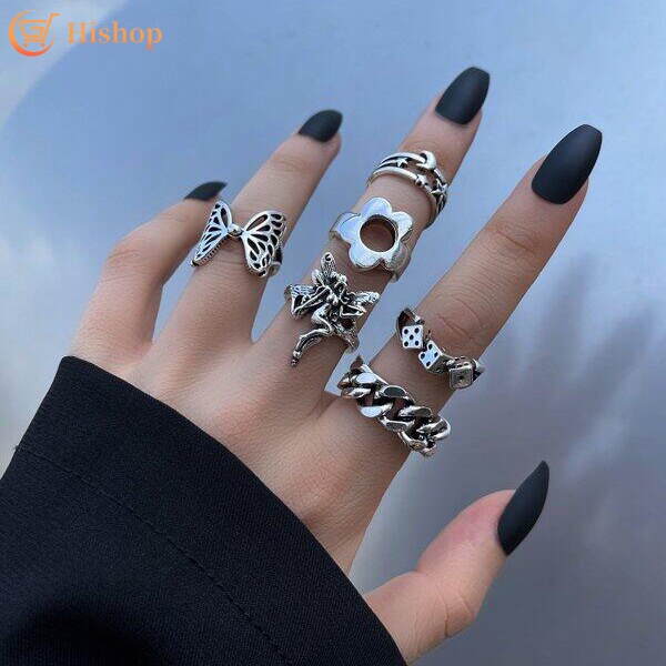 Vintage Butterfly Rings Set Flower Star Chain Fashion Women Jewelry Accessories