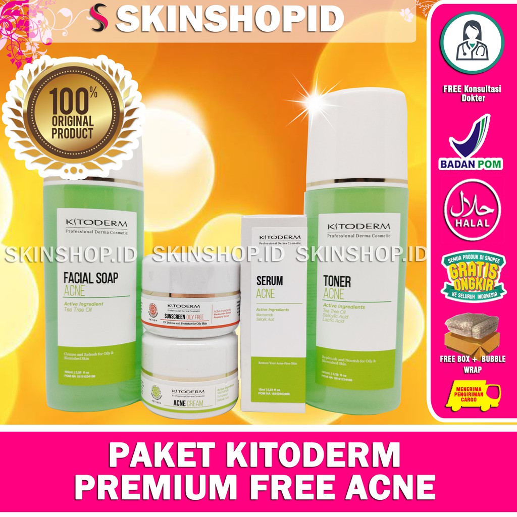 PAKET Kitoderm Premium Free Acne Original / Paket Anti Jerawat Wajah Berminyak isi 5 BPOM Aman