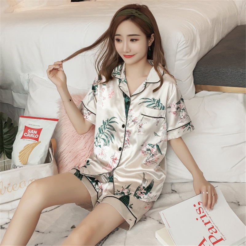 Lovera Baju Tidur Wanita Dewasa Model Kemeja Bahan Satin HP Lengan Pendek Celana Pendek Import High Quality Sleepwear