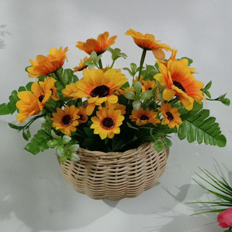 Bunga Matahari Pot Dinding Vas Rotan Asli