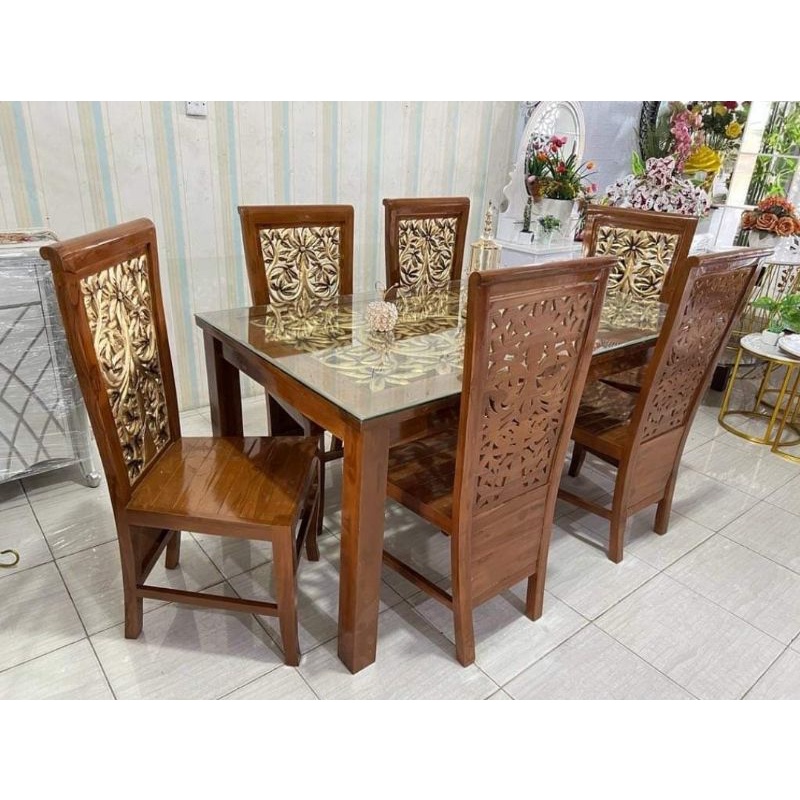 Meja makan ukir kayu jati Free Kaca Meja