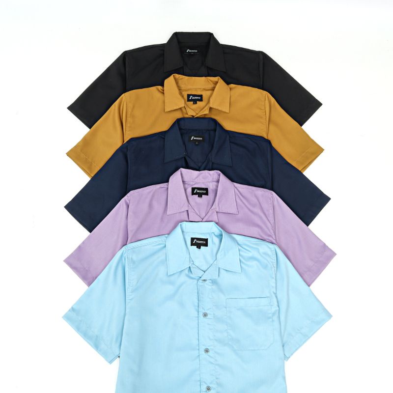 Kemeja cuban collar Basic pria lengan pendek polos lilac navy / bowling shirt kerah terbuka kasual p