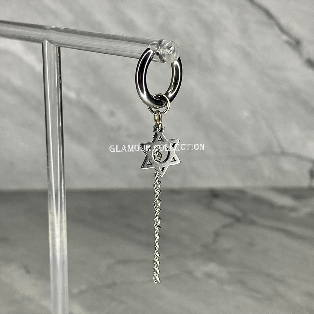 [COD] 1Pcs Anting Tindik Telinga Bulat Bandul Rantai Hexagram Model KPOP Korea Style