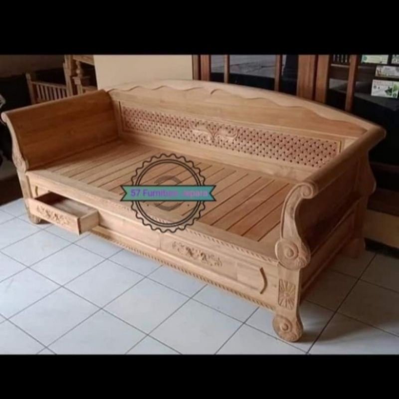 Bangku/bale bale kayu jati mentahan ukir Jepara motif simpel