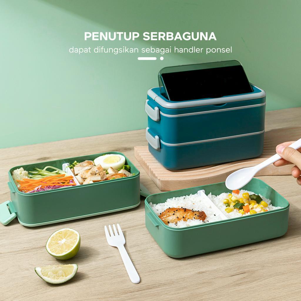 ecentio 2 Susun rantang lunch box anti bocor kotak makan anti percikan tempat bekal free sendok