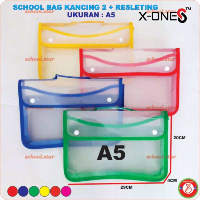 

Map Ziper kancing 2 /School bag kancing 2 MERK X-ONE / Ukuran A5