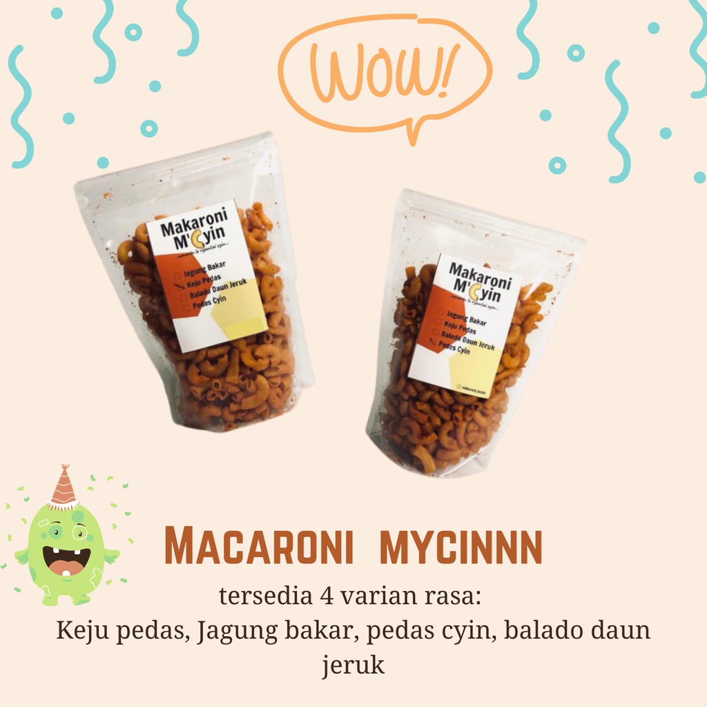 

Makaroni Miciiinnn tersedia dalam 4 rasa ( jagung bakar, keju pedas, balado daun jeruk & pedas)