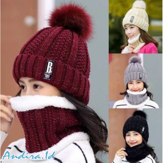 Topi Kupluk Syal Rajut Wanita Musim Dingin / Hat Winter Set Topi dan Syal