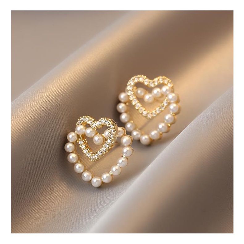 Korean double love pearl earrings For women temperament elegant simple design S925 silver needle Fashion Earrings