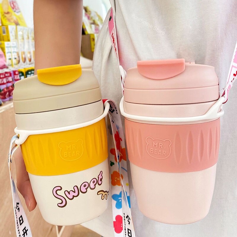 Kawaii Bear Thermal Cup Coffee Mug Portable Stainless Steel Anak Sedotan Botol Air Anak Perempuan Termos Lucu Perut Besar Double Minum