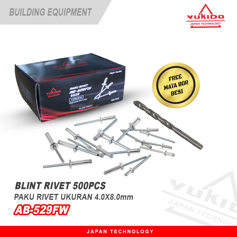 SIAP PAKAI YUKIDO PAKU RIVET 529(4.0X8.0MM) 1PACK ISI 500PCS FREE MATA BOR BESI 4.0MM