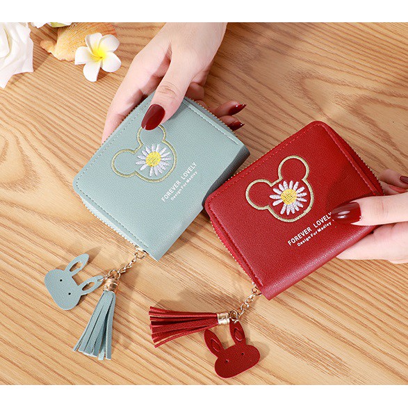 W03 Dompet Kulit Mini Pendek Wanita Cewek MK Daisy Flower Kartu Zipper Resleting Koin Wallet Woman