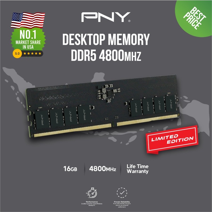 Ram PC PNY DDR5 8GB, 16GB 4800Mhz PC38400 LONGDIMM Memory