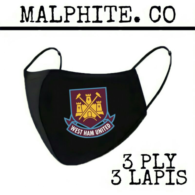 Masker Kain 3 Lapis 3 Ply Scuba Hijab Motif Logo Gambar Klub Club Bola WEST HAM UNITED 3ply Earloop