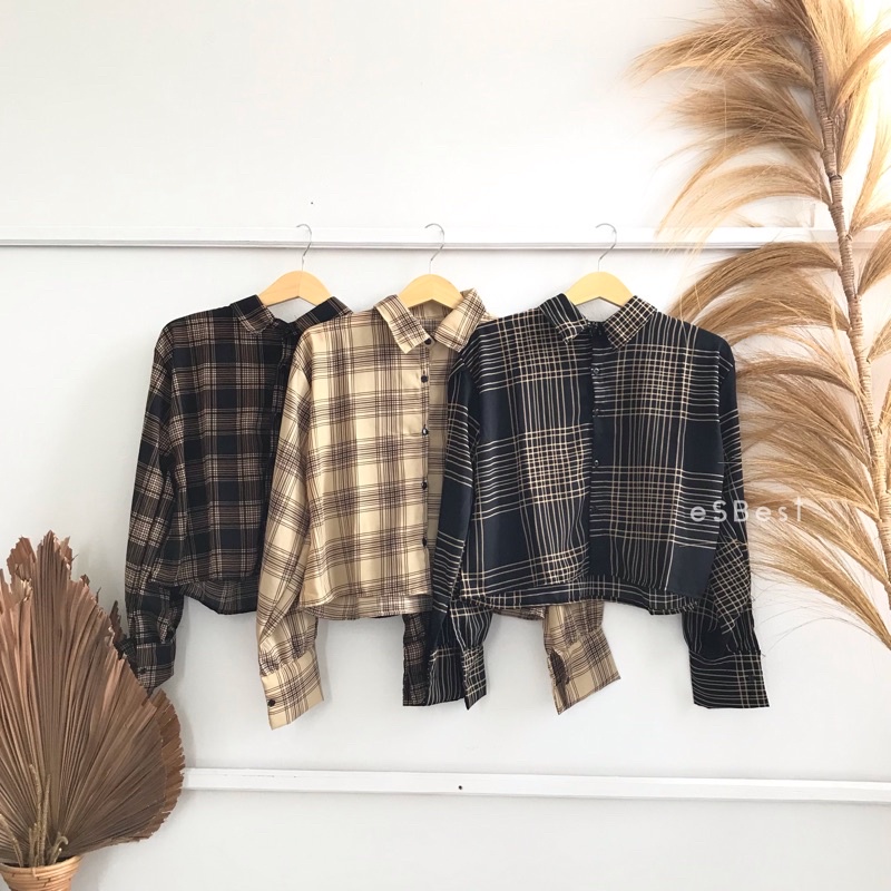 KEMEJA CROP LENGAN PANJANG TARTAN / KEMEJA KOTAK OVERSIZE CROPTY / CROP TARTAN SHIRT / KEMEJA LENGAN BALON