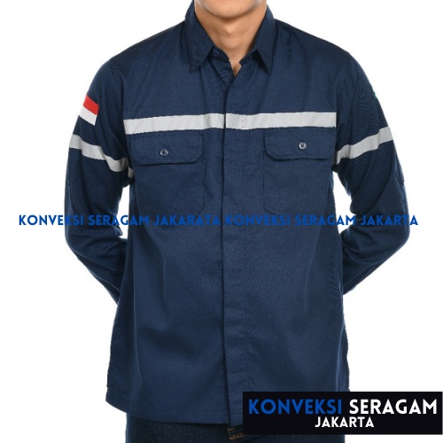 Baju Kemeja Safety K3 Lengan Panjang - Seragam Kerja Atasan Wearpack Werpack Werpak Proyek Tambang Warna Navy Pria Wanita - Konveksi Seragam Jakarta