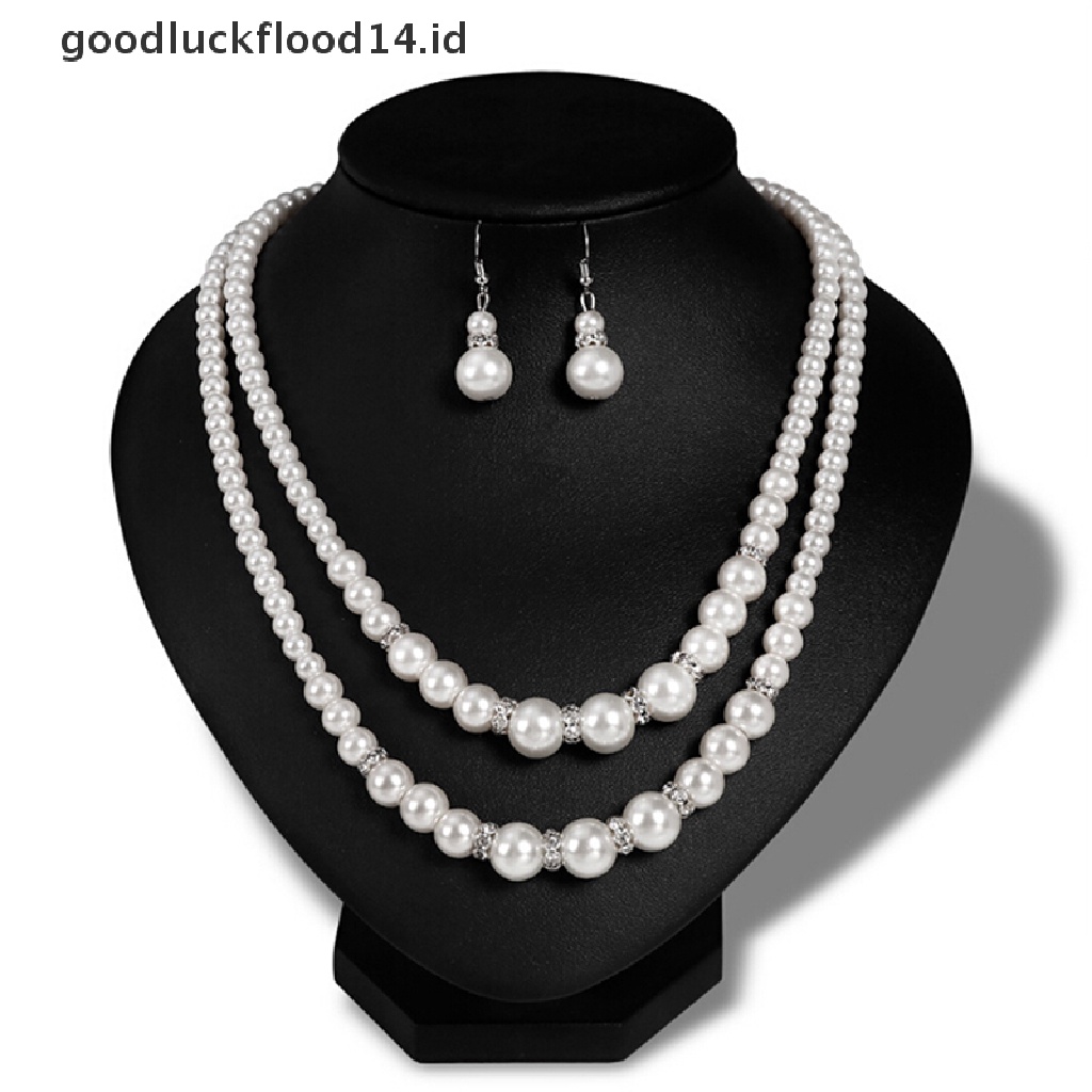 [OOID] Double Chain Pearl Jewelry Set Women Simulated Pearl Necklace Earrings Jewelry ID