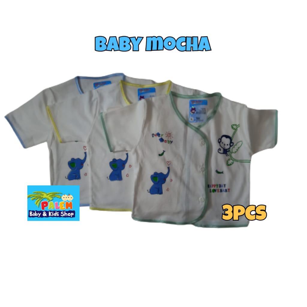 Baby mocha baju pendek bis putih isi 3pcs motif M 0-3&amp;L usia 3-6bulan