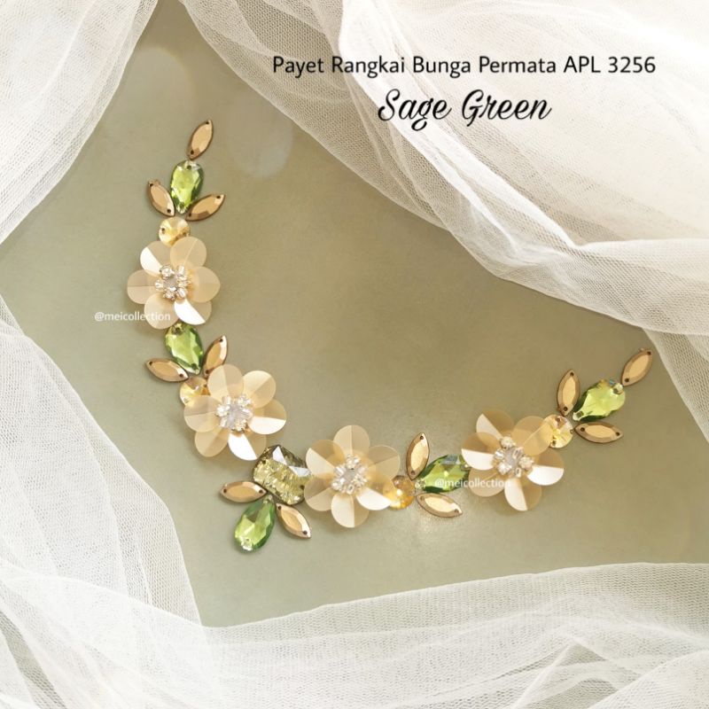 payet rangkai leher APL 3256 sage green leaf kebaya bali gamis pesta permata