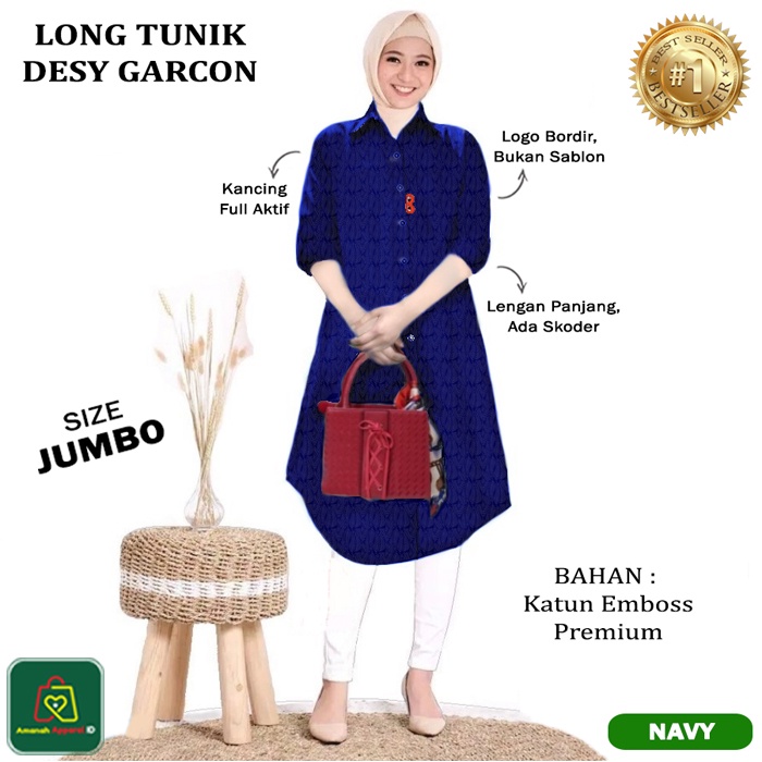 Baju Atasan Tunik Wanita Muslim LONG TUNIC DESY GARCON JUMBO Bahan Katun Emboss Premium Size XL-XXL / 19652 19655