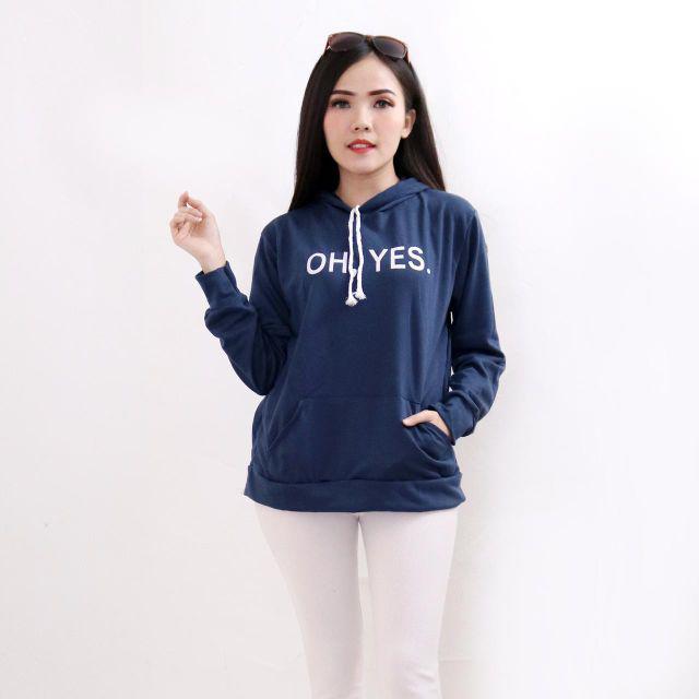 Terbaru!!! Sweater Hoodie Wanita/OH YES /ukuran M, L, XL-Biru navy