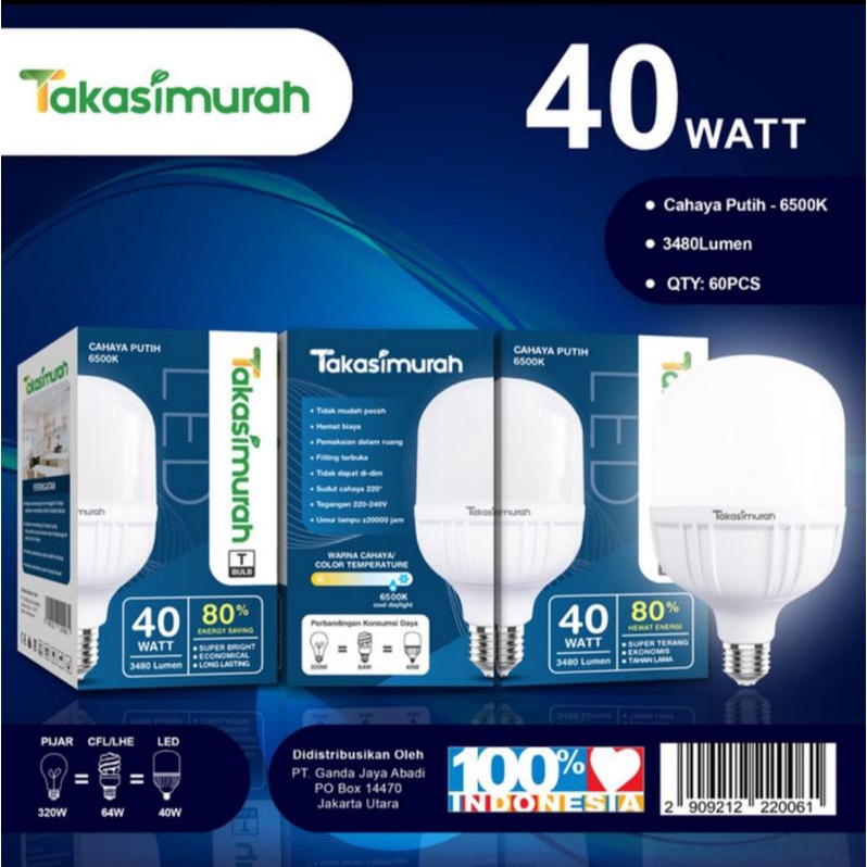 Takasimurah Lampu LED Bulb T 40Watt - Putih Murah Terang