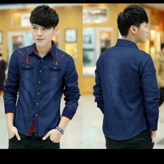 Baju Atasan/Kemeja/Hem Pria/Cowok/Laki-Laki Jeans Wash Lengan Panjang Bagus Casual/Formal