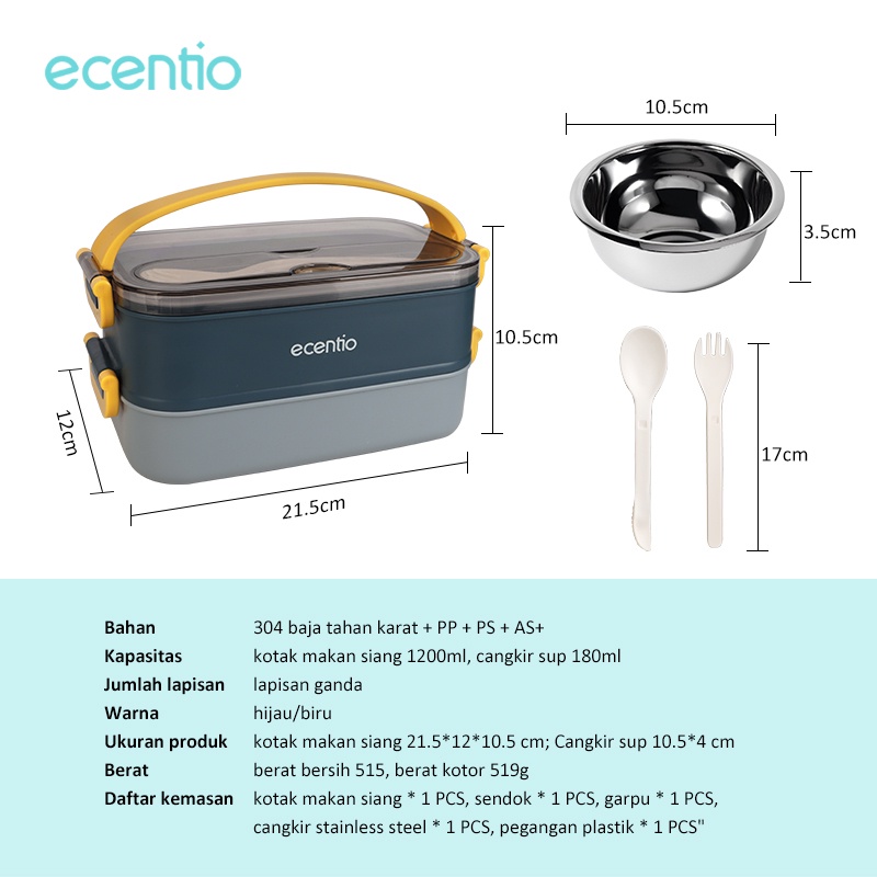 ecentio &amp; FOODI 1200ml 2 susun Lunch Box stainless tahan panas anti tumpah/Lunch box 1600mlset anti tumpah tempat makan kotak makan portable tempat makanan 2 susun free sendok/3pcs Sendok Makan/Stainless Steel Sumpit Sendok/Mini termos sup anti tumpah 480