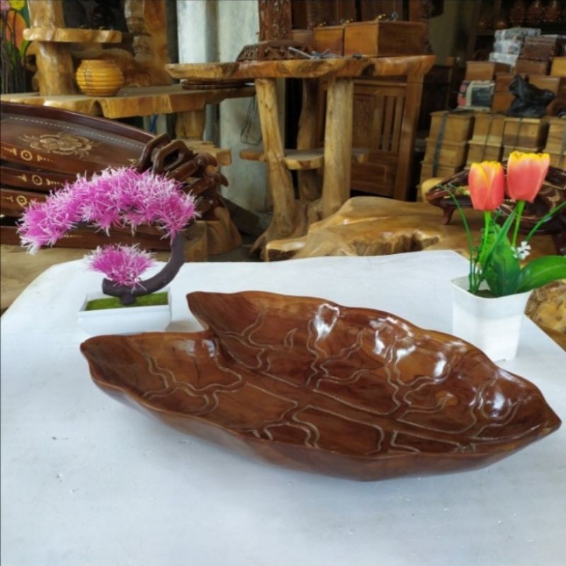 Tempat Buah Model Daun Hiasan Meja Makan Dari Kayu Jati Asli Blora 37cm