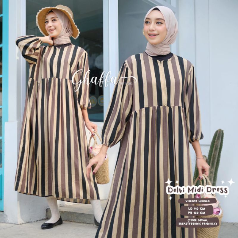 delvi midi dress katun viscose motif garis by ghaffa label