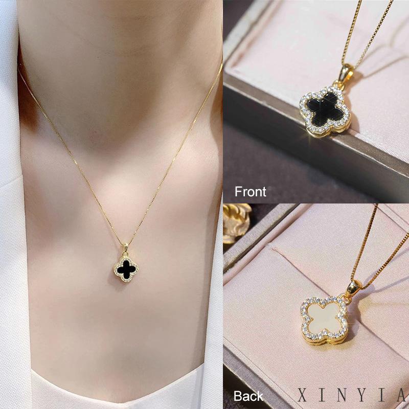 18K Kalung Titanium Anti Karat Rantai Kalung Rantai Liontin Daun Clover Hias Zircon Aksesoris Wanita