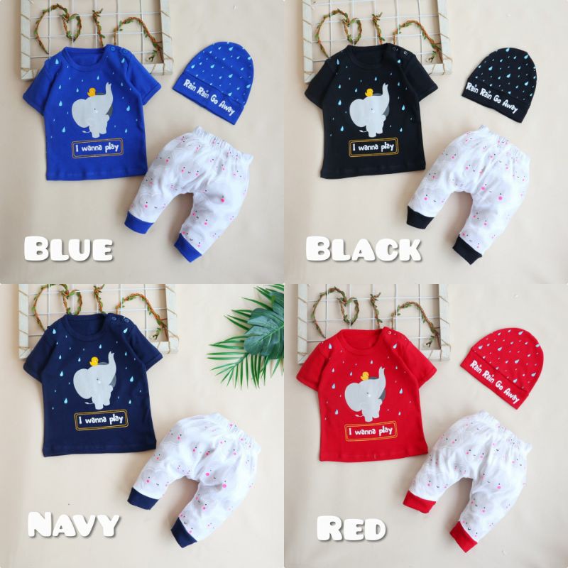 Setelan Baju Anak Bayi Set Topi Wanna play Bahan katun Adem Size 6-18 bulan