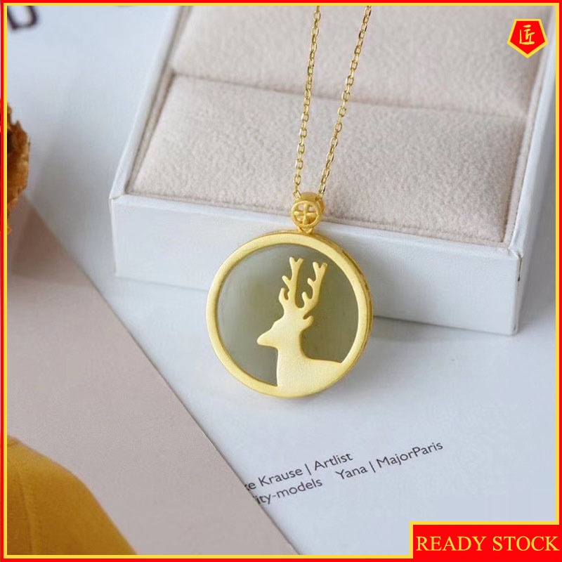[Ready Stock]925 Silver Inlaid Hetian Jade round Plate Pendant Fashion Simple Gift