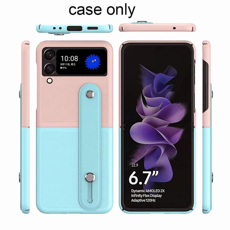 Case Pelindung Bahan Kulit Pu Warna Blok Dengan Tali Pergelangan Tangan Untuk Samsung Z Flip 3